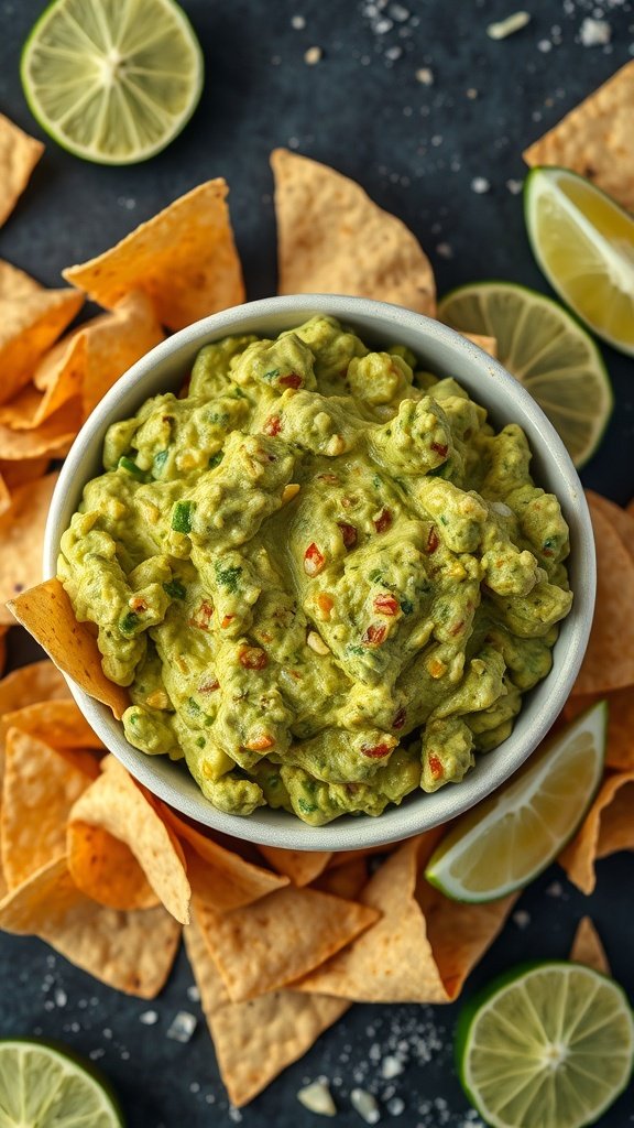 Bowl of classic guacamole surrounded by tortilla chips and lime wedges.