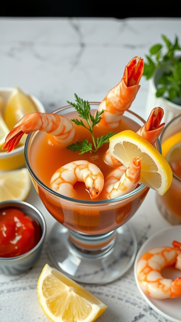 A classic shrimp cocktail served with cocktail sauce and lemon wedges.