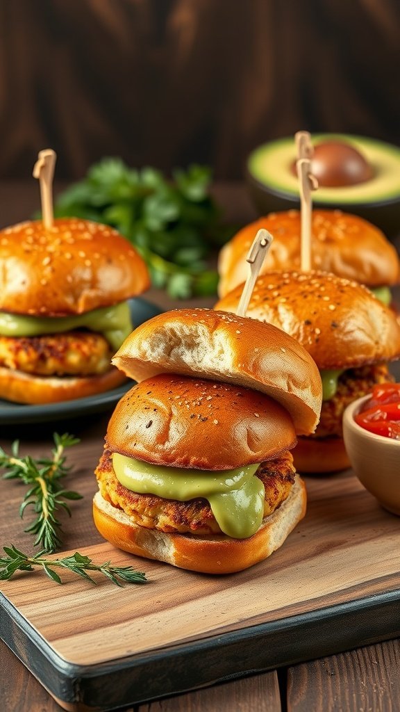 Crab cake sliders with avocado aioli served on sesame seed buns