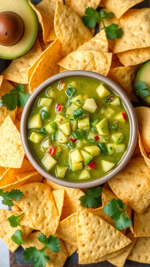 Creamy avocado salsa served in a bowl with tortilla chips