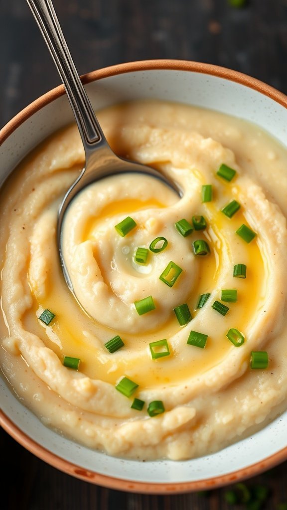 A bowl of creamy cheddar grits topped with butter and green onions.