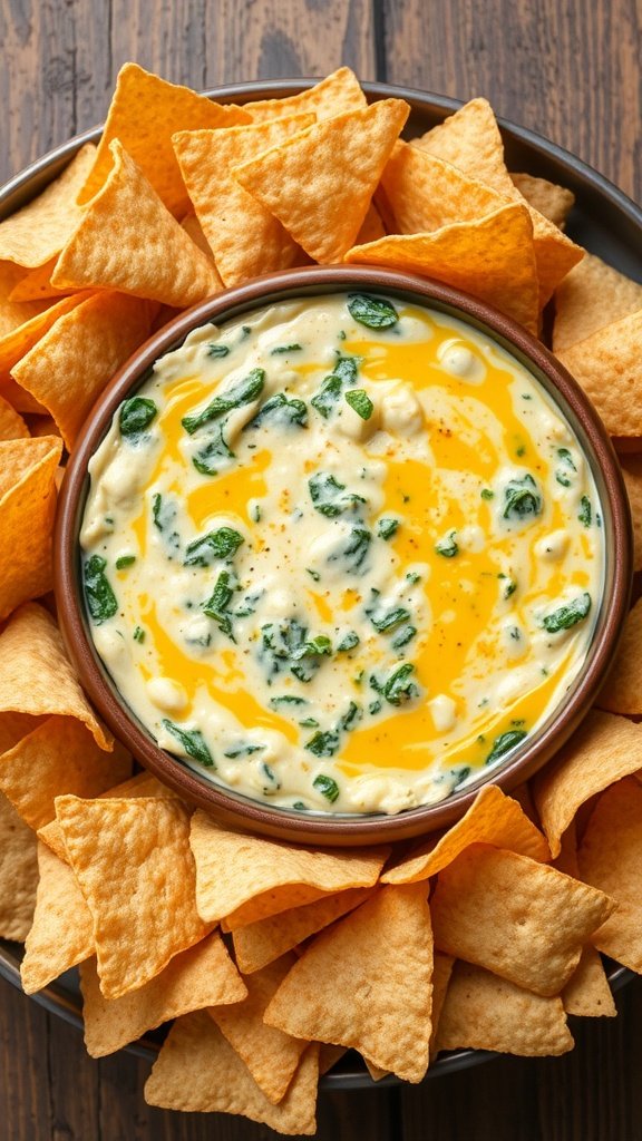 A bowl of creamy cheese and spinach dip surrounded by tortilla chips