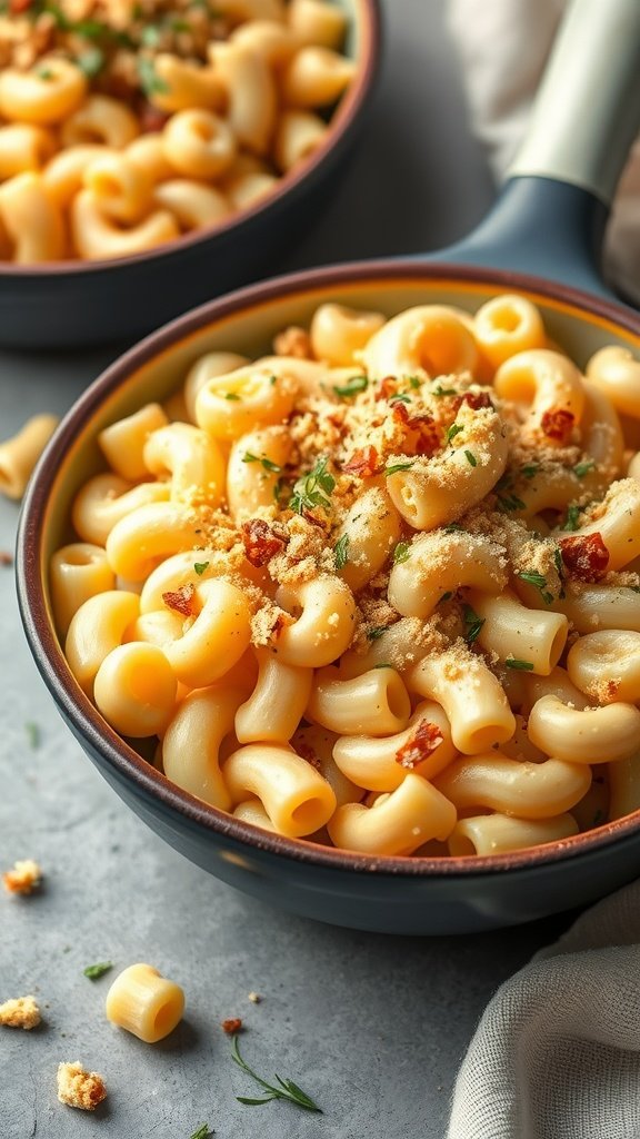 A bowl of creamy macaroni and cheese topped with breadcrumbs and herbs