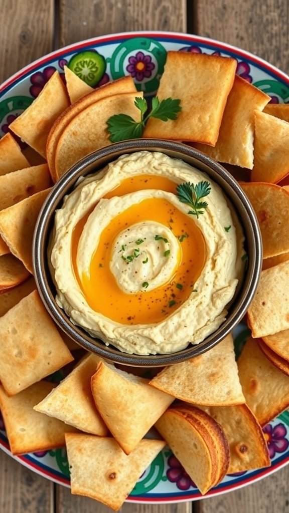 A bowl of creamy hummus garnished with olive oil and parsley, surrounded by crispy pita chips.