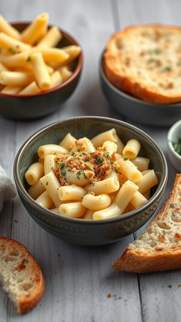 A bowl of creamy macaroni and cheese with toasted bread and extra pasta on the side.