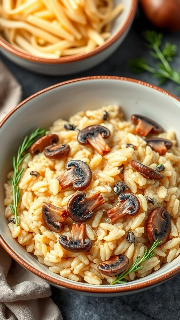 A bowl of creamy mushroom and cheese risotto garnished with mushrooms and herbs, with a side of pasta in the background.