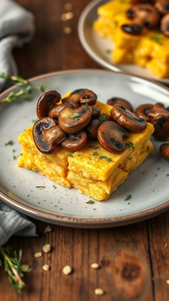 Creamy polenta squares topped with sautéed mushrooms on a plate