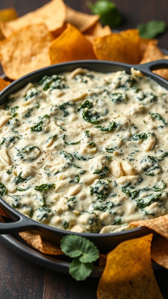 A bowl of creamy spinach and artichoke dip surrounded by tortilla chips