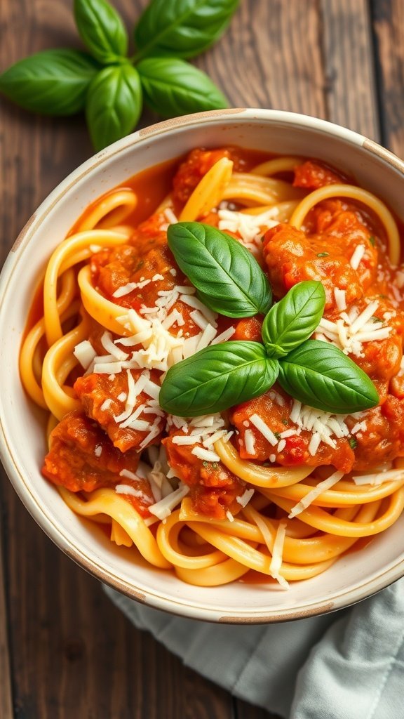 A bowl of creamy tomato and cheese pasta topped with fresh basil leaves