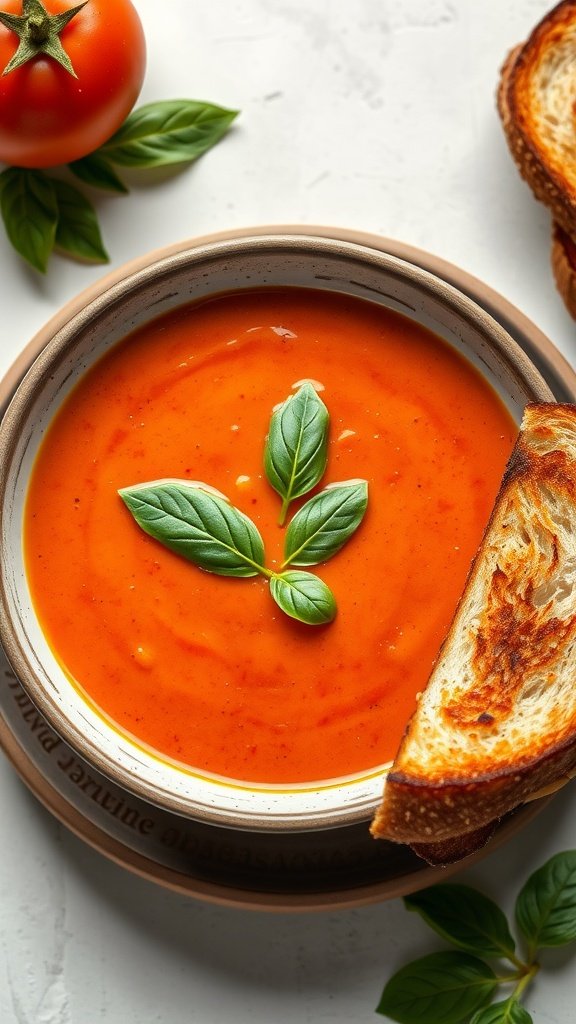 A bowl of creamy tomato basil soup with a slice of grilled cheese on the side, garnished with fresh basil leaves.