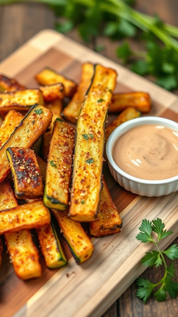 Crispy baked Parmesan zucchini fries served with a dipping sauce on a wooden board.