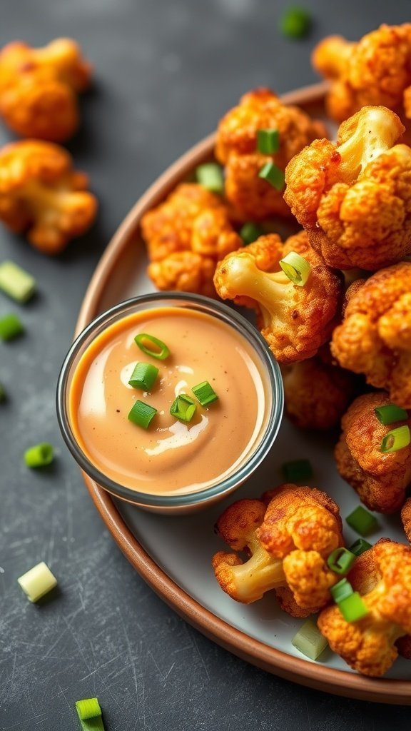A plate of crispy cauliflower bites served with a dipping sauce.