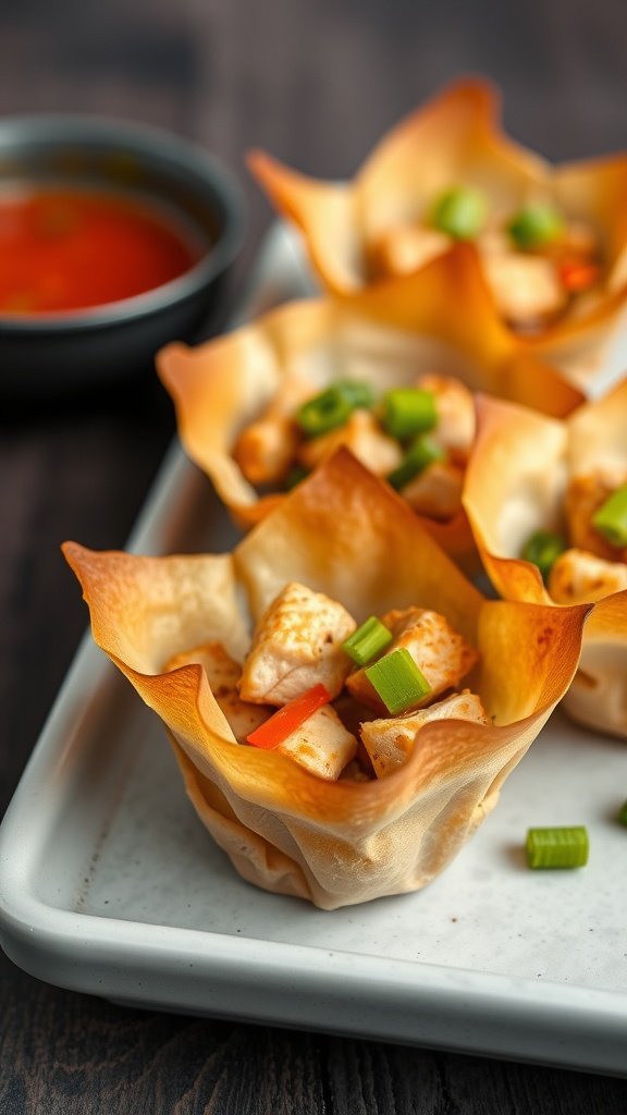 Crispy Chicken Wonton Cups served on a plate with dipping sauce on the side