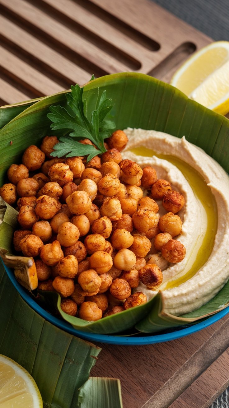 Crispy Chickpea Hummus Bites served in a bowl with hummus and garnished with parsley
