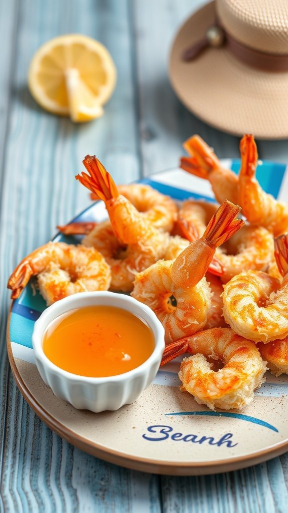 Crispy coconut shrimp with dipping sauce on a plate