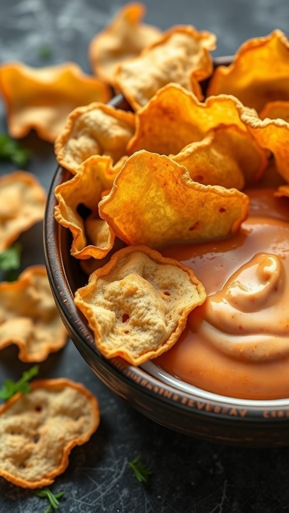 A bowl filled with crispy lotus chips next to a creamy dip.