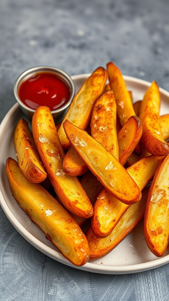 Crispy potato wedges served with ketchup
