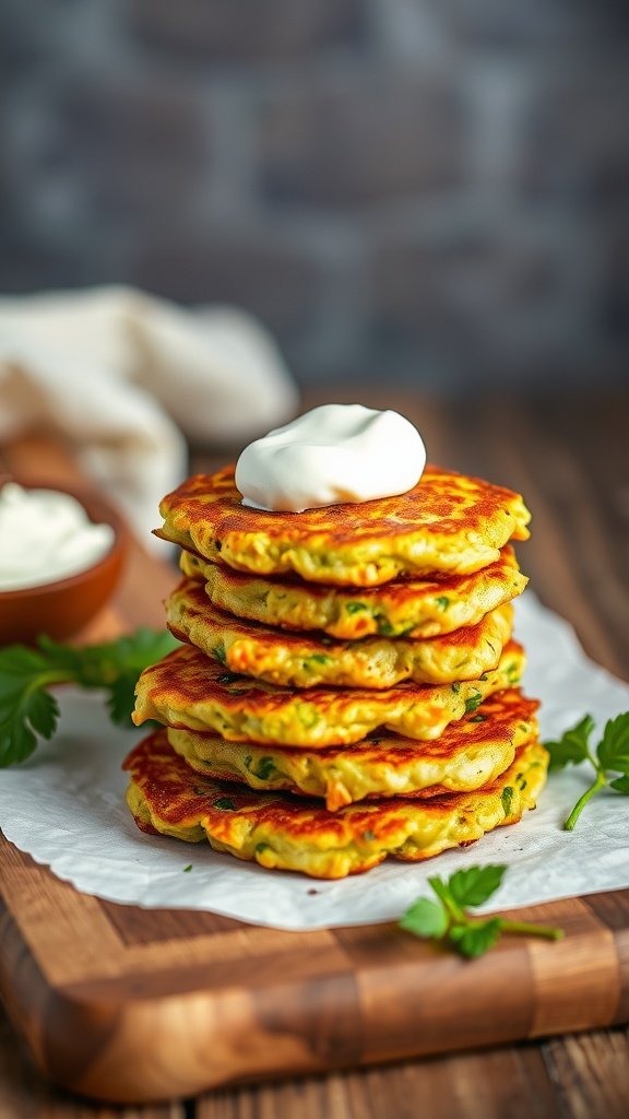 A stack of crispy zucchini fritters topped with sour cream, served on a wooden board.