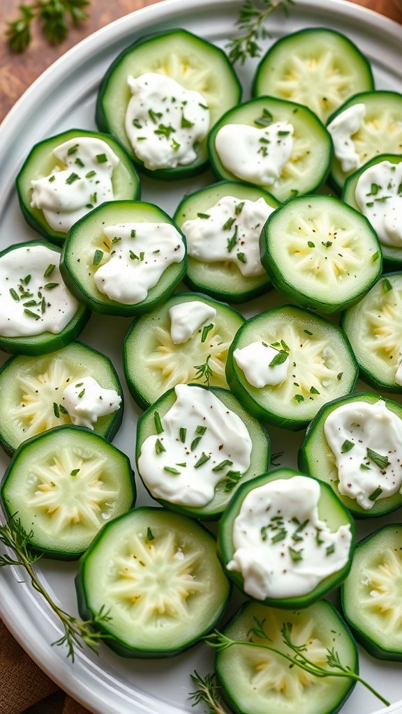 A platter of cucumber slices topped with cream cheese and herbs.