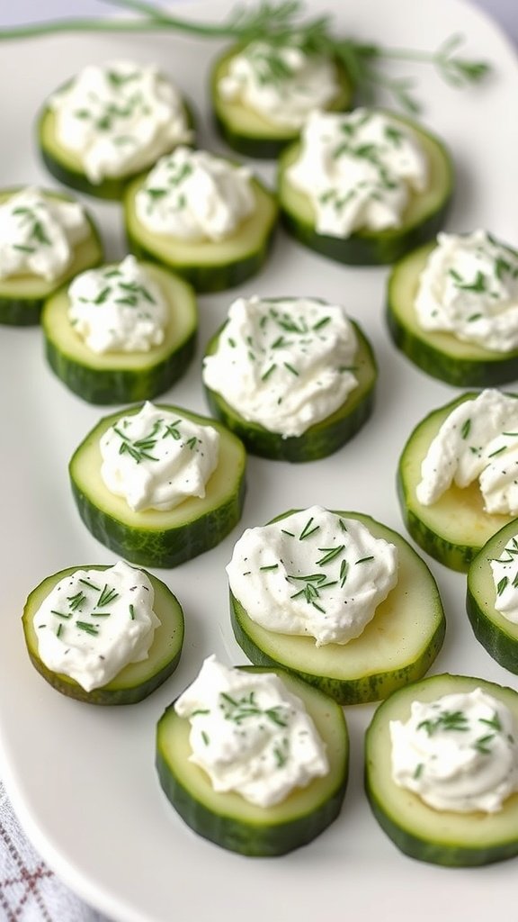 Cucumber bites topped with herbed cream cheese and garnished with chopped herbs
