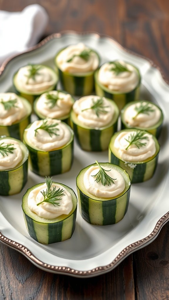 Cucumber cups filled with cream cheese and garnished with fresh dill.