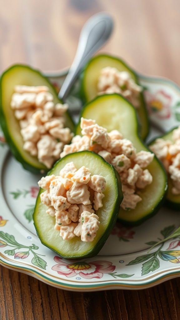 Cucumber cups filled with tuna salad on a decorative plate