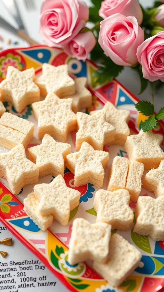 Plate of cucumber sandwiches cut into fun shapes, perfect for toddlers.