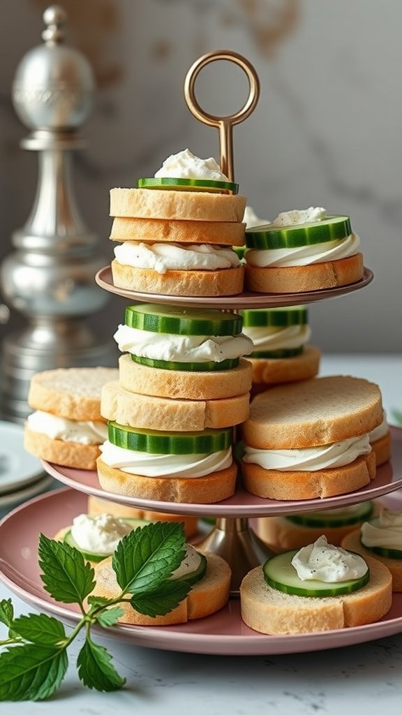 A tiered platter with cucumber sandwiches layered with cream cheese and cucumber slices.