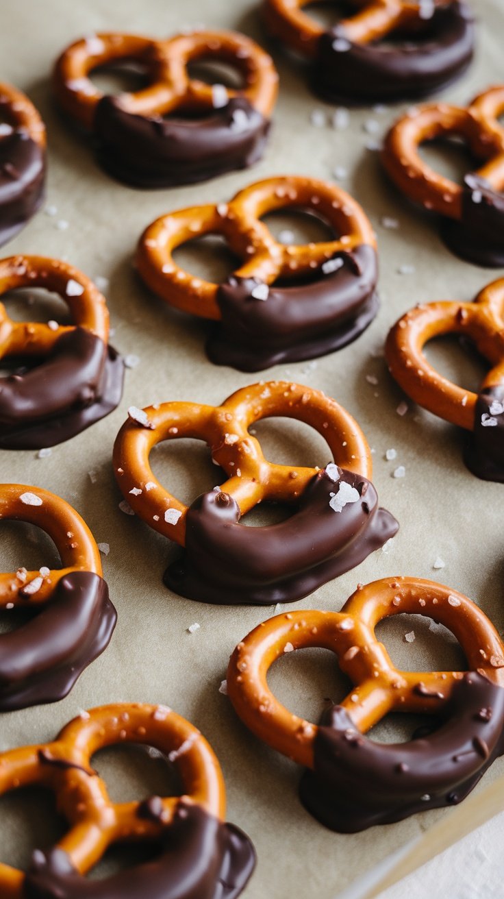 Dark chocolate-dipped pretzels arranged on parchment paper with a sprinkle of sea salt.