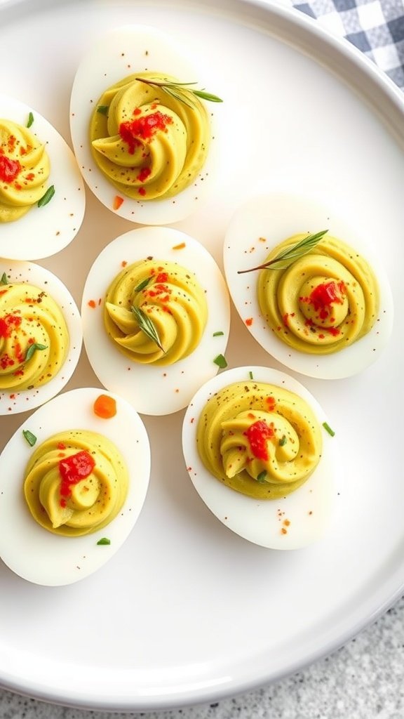 Deviled eggs with avocado filling, garnished with chives and paprika