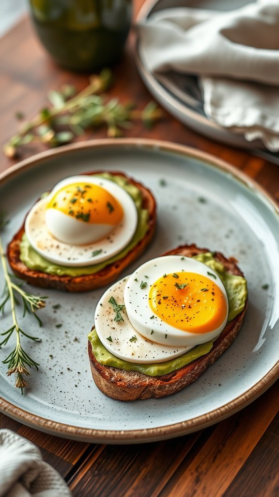 Plate of egg and avocado toast with soft-boiled eggs on top