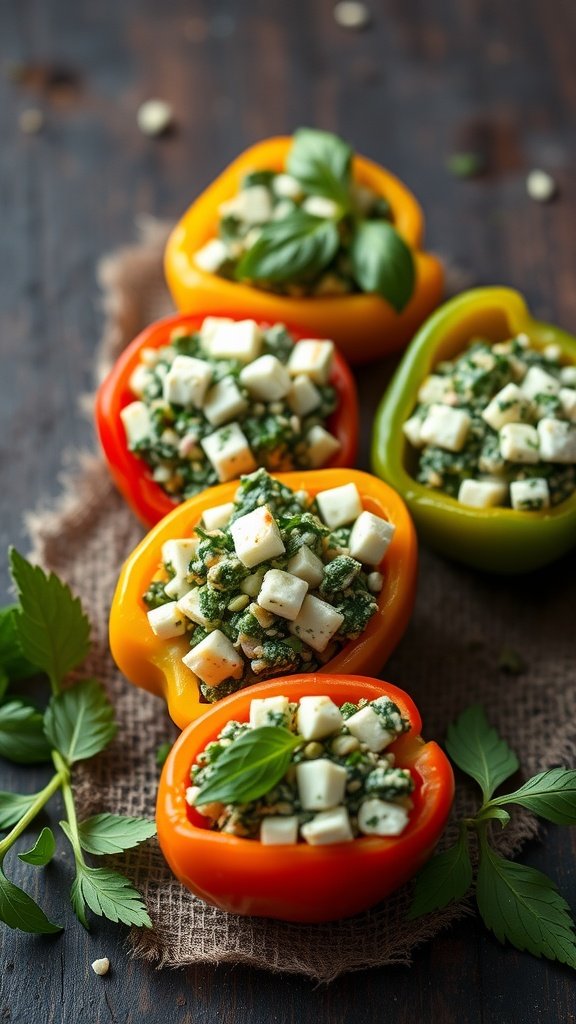 Feta and spinach stuffed bell peppers arranged on a wooden surface with fresh herbs.