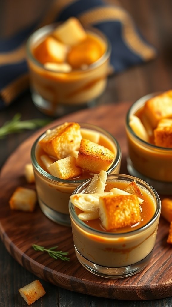 Delicious French Onion Soup Shooters with toasted bread and melted cheese on top