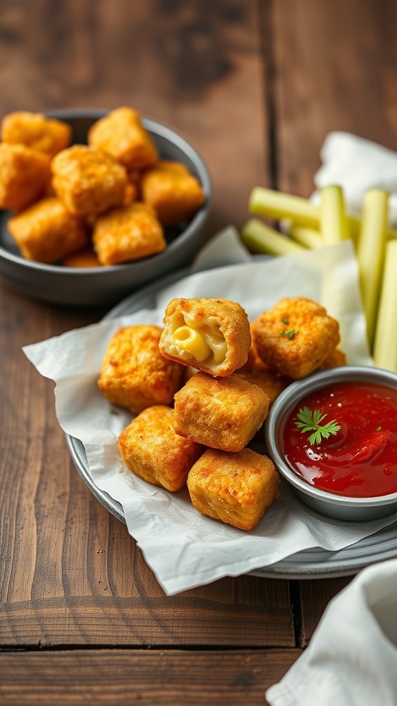 A plate of golden fried mac and cheese bites served with a side of dipping sauce.