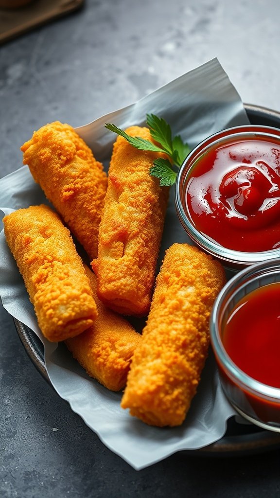 Plate of fried mozzarella sticks with dipping sauces