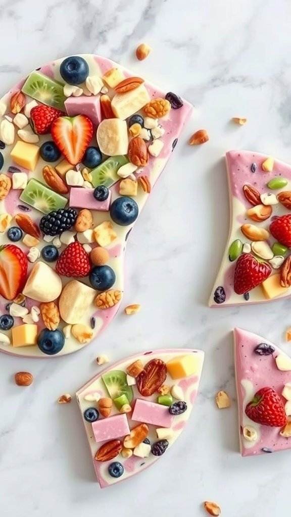 A colorful and healthy frozen yogurt bark topped with various fruits and nuts.