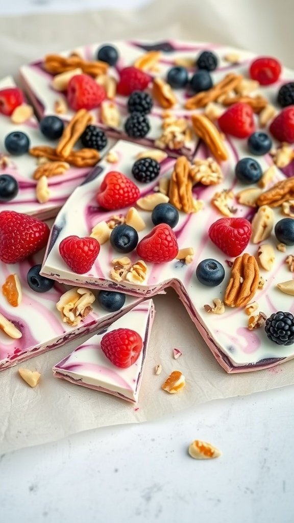 Frozen yogurt bark topped with berries and nuts, cut into pieces.