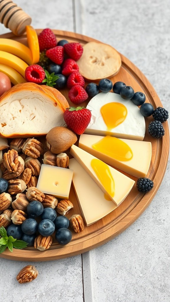 A beautifully arranged fruit and cheese board with nuts, featuring a variety of cheeses, fresh fruits, and nuts.