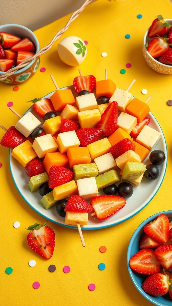 Colorful fruit and cheese kabobs arranged on a plate with strawberries, grapes, and cheese cubes.