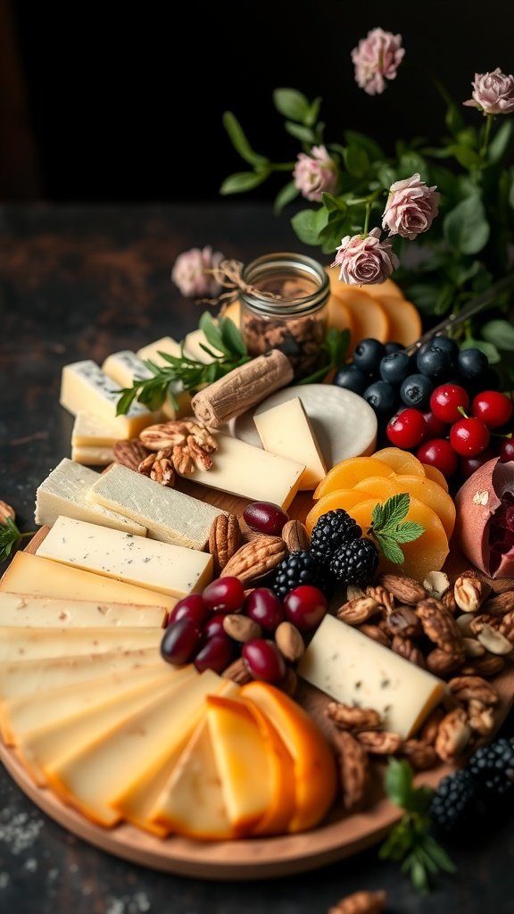 A beautifully arranged platter of assorted cheeses, fresh fruits, and nuts.