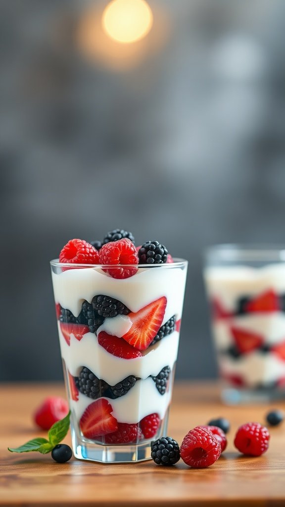 A colorful fruit and yogurt parfait with strawberries, blueberries, and raspberries layered with yogurt in a glass.