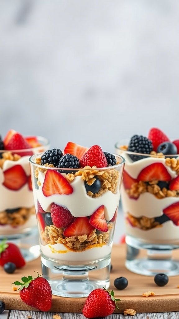 A colorful fruit and yogurt parfait with layers of yogurt, granola, and mixed berries.