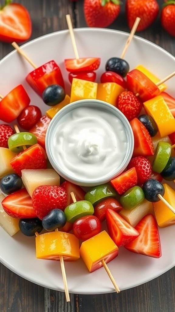 Colorful fruit kabobs with a yogurt dip served on a plate