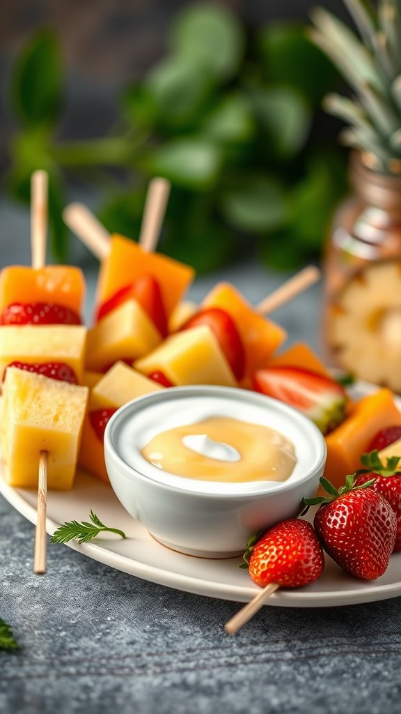 Colorful fruit skewers with honey yogurt dip