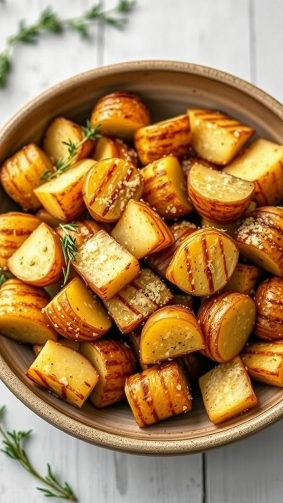 Bowl of Garlic Parmesan Roasted Potatoes with herbs