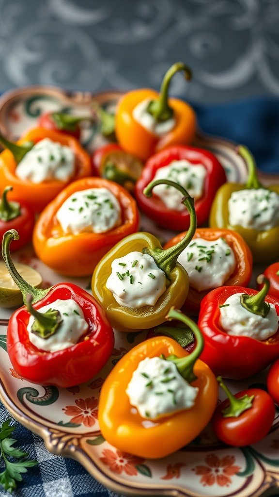 Goat cheese stuffed peppadews on a decorative platter