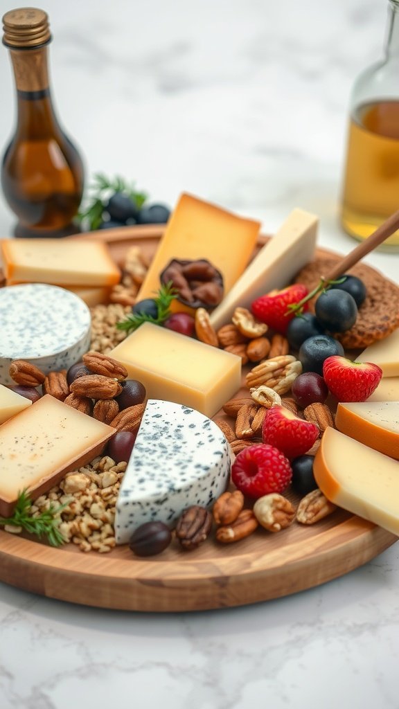 A beautifully arranged gourmet cheese board featuring various cheeses, fresh fruits, mixed nuts, and a drizzle of olive oil.