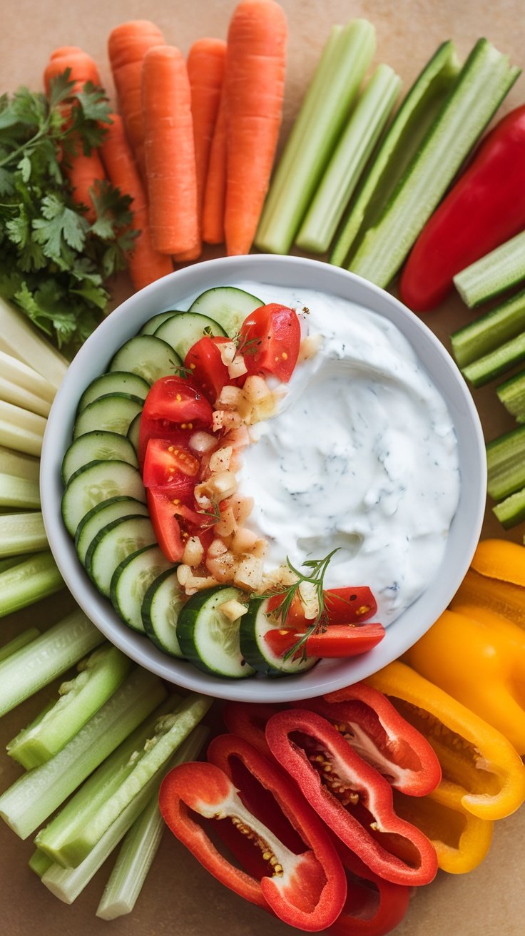 Greek yogurt dip served with assorted fresh vegetables.