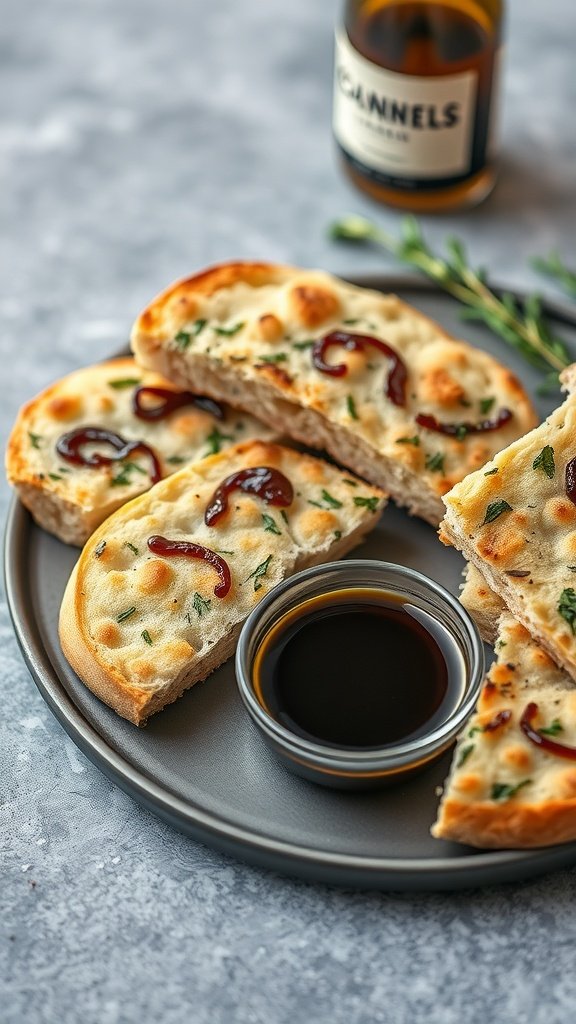 Delicious herb and garlic focaccia bread on a plate with a dipping sauce