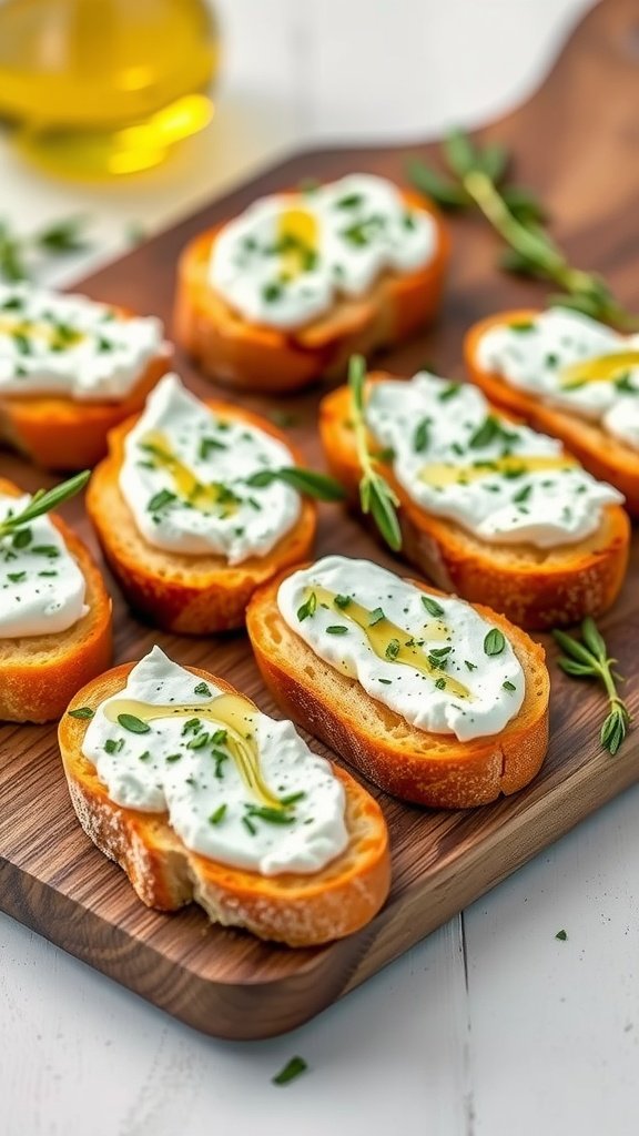 Delicious herbed goat cheese crostini on a wooden board, garnished with herbs and olive oil.